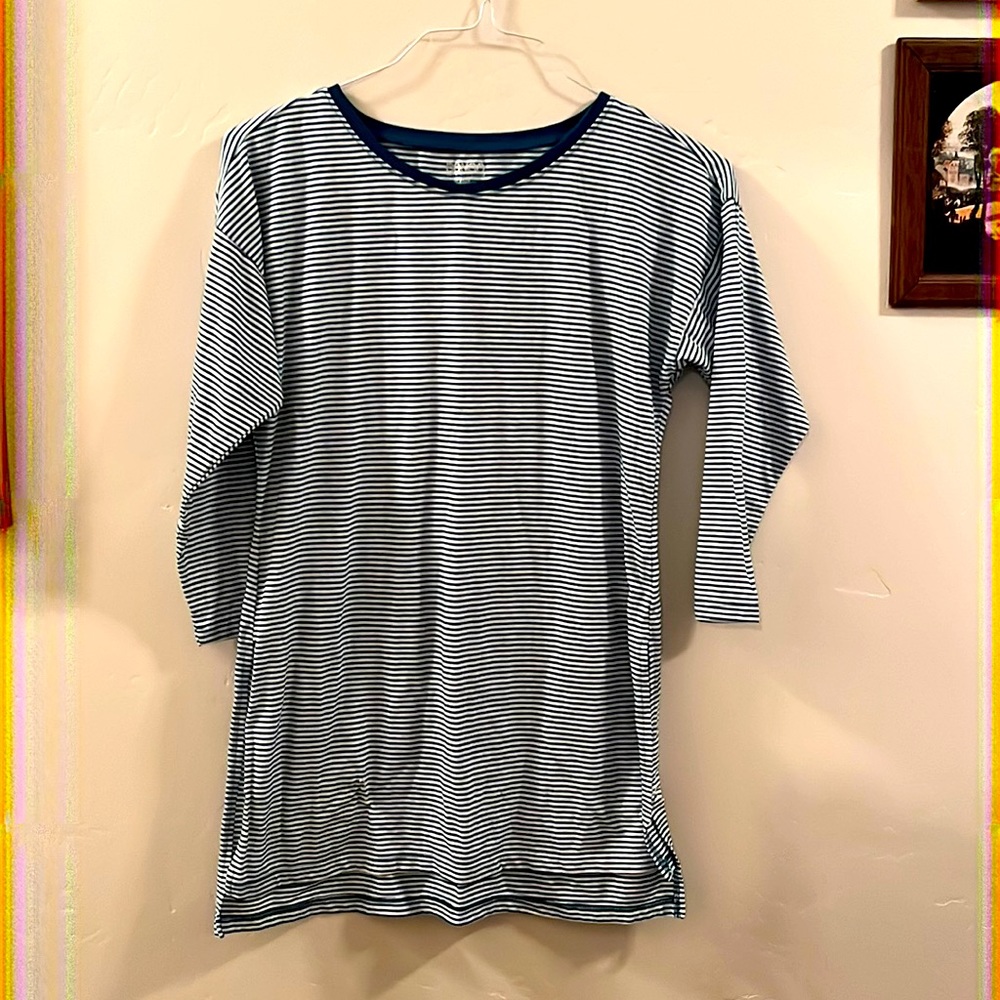 Women’s 3/4ths Sleeved T-Shirt, Striped, Blue, Green, White, Bongo